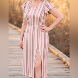 Versona Cream Dress with Coral and Gray Stripes
